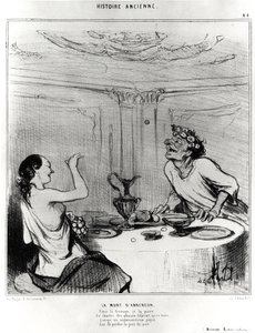 História antiga: a morte de Anacreon, caricatura para ilustrar um trecho das obras badinas de Jacques-Benigne (Jacques Benigne) Bossuet (1627-1704): "Entre queijo e pêra, Este cantor de amores folatrait depois de beber, Quando um infeliz pepepei de Honoré Daumier