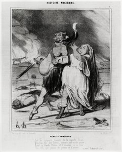 Uma história antiga: Menelas vencedora, caricatura para ilustrar um excerto da Ilíada de Homere: "Nas muralhas fumegantes da soberba Tróia, Menelas, filho dos deuses, como uma presa rica, arrebata sua loura Helena e a leva à sua corte Mais bela do que qual de Honoré Daumier