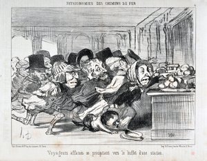 Obra de Honore Daumier (1808-1879) Charivari data de 1852: Série PHYONOMIES DES CHAIN DE FERR Viajantes famintos correndo em direção ao buffet de uma estação MUSEE DES BEAUX ARTS - PALAIS LONGCHAMP, MARSEILLE de Honoré Daumier