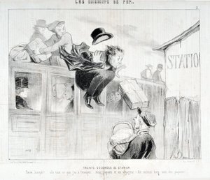 Obra de Honore Daumier (1808-1879). Charivari data de 1843: Serie LES Chemins de fer 30 segundos da estação "-Tiens Joseph! vla tudo o que tenho para lhe enviar... três pacotes e um viajante - Above all care of the packages" MUSEE DES BEAUX ART de Honoré Daumier