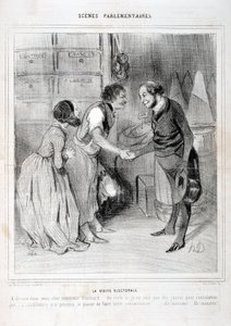 Obra de Honore Daumier (1808-1879). Charivari data de 1843: PARLAMENTÁRIO DA SERIE SCENES. A visita eleitoral. MUSEU DE BELAS ARTES - PALÁCIO LONGCHAMP, MARSEILLE de Honoré Daumier