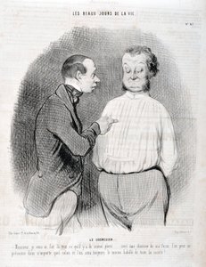 Obra de Honore Daumier (1808-1879). Charivari data de 1845: Serie LES BEAUX DAYS DE LA VIE. A blusa "-Sir, eu te fiz o melhor vestido... com uma camisa na minha maneira você pode se apresentar em qualquer sala de estar e nós sempre seremos os melhores vest de Honoré Daumier