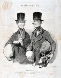 Obra de Honore Daumier (1808-1879). Charivari data de 1845: Serie LES BEAUX DAYS DE LA VIE. No Carnaval "-Vamos rir e rir! Vou ficar desapontado como esperto! Famoso! Não te podemos reconhecer..." MUSEU DE BELAS ARTES - PALÁCIO LONGCHAMP, MARSEILLE de Honoré Daumier