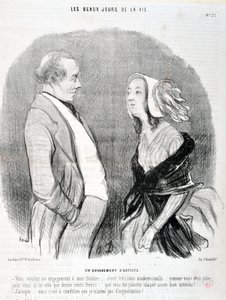 Obra de Honore Daumier (1808-1879). Charivari data de 1845: Serie LES BEAUX DAYS DE LA VIE. O compromisso de um artista "Você quer um compromisso com o meu teatro... é muito bom perder... como você é bonita para você só vai ser 1200 francos... que de Honoré Daumier