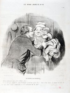 Obra de Honore Daumier (1808-1879). Charivari data de 1848: Serie Les beaux jours de la vie. A visita à enfermeira - Vamos beijar o papaizinho querido - Ele não quer hoje, mas normalmente...". MUSEU DE BELAS ARTES - PALÁCIO LONGCHAMP, MARSEILLE de Honoré Daumier