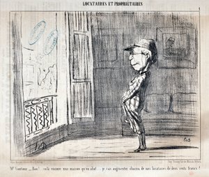 Obras de arte de Honore Daumier (1808-1879) Charivari data de 1854: Serie TENNIQUES ET OWNIRES "Sr. Vautour - Bon!... Esta é outra casa a ser abatida... Eu vou aumentar cada um dos meus inquilinos em duzentos francos"! MUSEU DE BELAS ARTES - PALÁCIO LONGCH de Honoré Daumier