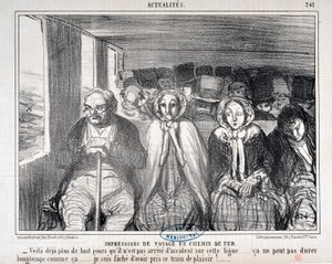 Obras de arte de Honore Daumier (1808-1879) Charivari data de 1855: Serie Actualites de voyage en railroad "- Há mais de oito dias que não aconteceu um acidente nesta linha... não pode durar muito tempo assim... Lamento ter apanhado este comboio. de Honoré Daumier