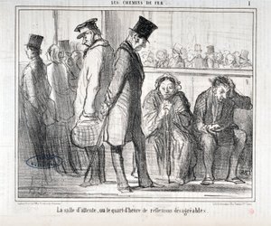 Obra de Honore Daumier (1808-1879). Charivari data de 1855: Serie LES Chemins de fer "A sala de espera ou o quarto de hora de reflexões desagradáveis" MUSEE DES BEAUX ARTS - PALAIS LONGCHAMP, MARSEILLE de Honoré Daumier