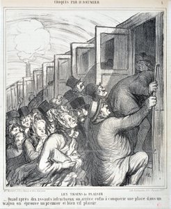 Obra de Honore Daumier (1808-1879). Charivari data de 1864: Serie Sketch Les trains de plaisir "- Quando após dez assaltos mal sucedidos conseguimos finalmente conquistar um lugar num vagão, experimentamos um primeiro e muito animado prazer" MUSEE DES BEAU de Honoré Daumier