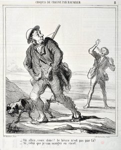 Obras de arte de Honore Daumier (1808-1879) Charivari data de 1864: Serie Sketch de Chasse "Ou va donc? A lebre não é por ali! - Se a que vou comer em civet" MUSEE DES BEAUX ARTS - PALAIS LONGCHAMP, MARSEILLE de Honoré Daumier