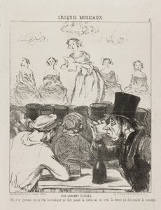Nos Champs-Elysées, nunca ficou muito claro se a música faz a cerveja baixar, ou a cerveja que faz você engolir a música, prato 3 do Croquis Musicaux, 1852 de Honoré Daumier