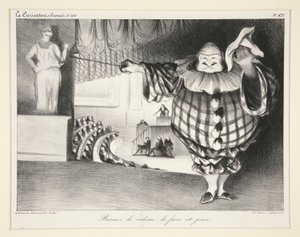 Baissez le rideau, la farce est jou?e. (Abaixe a cortina, a farsa acabou.), pl. 421 da revista La Caricature no. 201 de Honoré Daumier