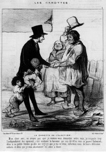 Candidato a visita eleitoral em uma família de camponeses: "A Cenoura das Eleições" - desenho animado por Daumier, em "Charivari" de 21/03/1844 de Honoré Daumier