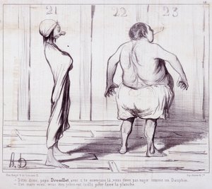 Desenho animado sobre as aparências. A série "Os Pais": Diz ao pai Drouillet..." Gravação por Honore DAUMIER (1808-1879). Extracto do jornal "Le Charivari". Dim 25x36cm. caixa 12 Marselha, Musee des Beaux-Arts, Palais Longchamps, Collection Arts Graphi de Honoré Daumier