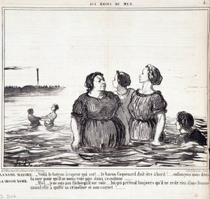 Desenho animado sobre as aparências e a moda. Série "Les Bains de Mer": "A senhora magricela (...), a senhora gorda (...)" Gravação de Honore DAUMIER (1808-1879). Extracto do jornal "Le Charivari" de 16 de Setembro de Honoré Daumier