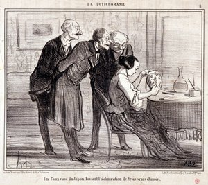 Desenho animado sobre coleccionadores de arte. Série "Potichomania": "Um vaso falso do Japão admirando três chineses." Gravação por Honore DAUMIER (1808-1879). Extrato do jornal "Le Charivari". de Honoré Daumier