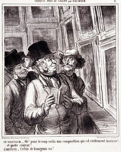 Desenho animado sobre os amantes de arte. Série "Sketch tirado no Salão por Daumier": "Visitante: Oh! pois o golpe aqui é uma composição realmente insensata (...). Artista: Cretino burguês, vai! "Gravação por Honore DAUMIER (1808-1879). Extracto do jornal  de Honoré Daumier