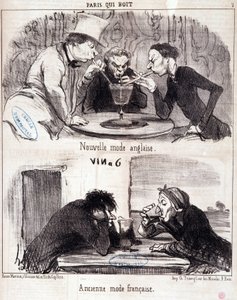 Desenho animado sobre abuso gastronómico. Série "Paris qui drinks": nova moda inglesa e antiga moda francesa. Gravação por Honore DAUMIER (1808-1879). Extracto do jornal "Le Charivari" 23 de Junho de 1852 Dim 37x26 cm Inv D 2312 - caixa 24 N¡7. Marselha, M de Honoré Daumier