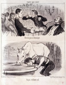 Desenho animado sobre abuso gastronómico. A Serie Paris a beber: "Beber para se aborrecer". Realmente sedento." Gravação por Honore DAUMIER (1808-1879). Extracto do jornal "Le Charivari" 16 Junho 1852 Dim 37x26cm Inv D 2310 - caixa 24 N¡5. Marselha, Musee  de Honoré Daumier