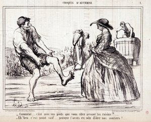 Desenho animado sobre colhedores pisando em uvas descalças. Série "Autumn Sketch": "Como... vais apertar as uvas com os pés? ..." Gravura de Honore DAUMIER (1808-1879). Extracto do jornal "Le Charivari". de Honoré Daumier