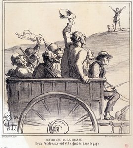 Desenho animado sobre caçadores. Serie "Autumn Sketch": Abertura da caça, duas perdizes foram sinalizadas no país", dos Jornais "Le Charivari". de Honoré Daumier