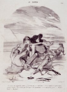 Desenho animado sobre caçadores. Série "The Beautiful Days of Life - The Hunting": "Eu digo-te que o obriguei a sair..." Gravação por Honore DAUMIER (1808-1879). Extracto do jornal "Le Charivari" de 10 de Janeiro de Honoré Daumier