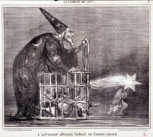Desenho animado sobre ciência. Serie Sur "The Comete of 1857": "O Astrónomo Alemão a Deixar um Pato Famoso". Gravação por Honore DAUMIER (1808-1879). Extracto do jornal "Le Charivari" 2 de Março de Honoré Daumier
