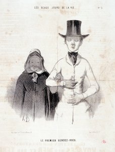 Desenho animado sobre o casal: Serie "Os Bons Dias da Vida": "O primeiro encontro". Gravação por Honore DAUMIER (1808-1879). Extracto do jornal "Le Charivari", 2-3 de Janeiro de Honoré Daumier