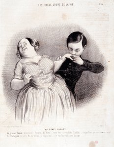 Desenho animado sobre o casal. Série "The Beautiful Days of Life": "Um começo galante..." Gravado por Honore DAUMIER (1808-1879). Extracto do jornal "Le Charivari" de 10 de Julho de Honoré Daumier