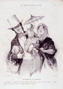 Desenho animado sobre a família. Série "The Beautiful Days of Life": "Um domingo no campo..." Gravado por Honore DAUMIER (1808-1879). Extracto do jornal "Le Charivari" de 21 de Julho de Honoré Daumier