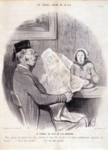 Desenho animado sobre a imprensa. Série "The Beautiful Days of Life": "O formato cada vez mais monstruoso...". Gravação por Honore DAUMIER (1808-1879). Extracto do jornal "Le Charivari" de 18 de Outubro de Honoré Daumier
