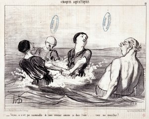Desenho animado sobre turistas em férias no mar. Série "Les Bains de Mer": "Esboço aquático". Vamos ver que não é razoável agitar-te assim na água... tu molhas-me!" Gravação por Honore DAUMIER (1808-1879). Extracto do jornal "Le Chariv". de Honoré Daumier