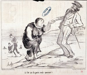 Desenho animado sobre turistas em férias. Serie "Ax Bains de Mer: "A inundação que o levou de volta assustadora! "Gravado por Honore DAUMIER (1808-1879). Extrato do jornal "Le Charivari". de Honoré Daumier