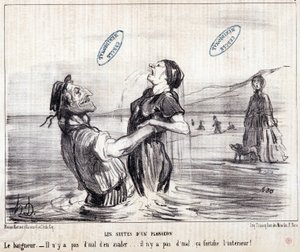 Desenho animado sobre turistas em férias. Série "Les Bains de Mer": "Esboço aquático". As sequências de um mergulho". Gravação por Honore DAUMIER (1808-1879). Extraído do jornal "Le Charivari" em 1853. Dim: 24x28cm. Inv 2453 - caixa 12 N¡1. Marselha, M de Honoré Daumier