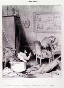 Desenho animado sobre mulheres escritoras. Serie "Bas Bleus": "A mãe está no fogo da composição, a criança está na água do banho! "Gravação por Honore DAUMIER (1808-1879). Extracto do jornal "Le Charivari" de 20 de Fevereiro de Honoré Daumier
