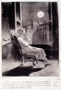 Desenho animado sobre mulheres escritoras. Série "Bas Bleus": "O! Moon inspira-me hoje à noite..." Gravado por Honore DAUMIER (1808-1879). Extracto do jornal "Le Charivari" de 28 de Fevereiro de Honoré Daumier