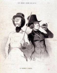 Desenho animado sobre os jovens Dandys. Série "The Beautiful Days of Life": "O primeiro charuto". Gravado por Honore DAUMIER (1808-1879). Extracto do jornal "Le Charivari" de 31 de Dezembro de 1843 Dim 37x25cm Inv 1089 - caixa 8 N¡2. Marselha, Musee des Be de Honoré Daumier