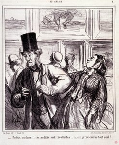 Desenhos animados sobre os amantes da arte: Serie "Au salon": Vamos deixar a senhora... estes nudistas são revoltantes... Voltarei sozinho" Gravação de Honore DAUMIER (1808-1879). Extracto do jornal "Le Charivari" de 5 de Maio de Honoré Daumier