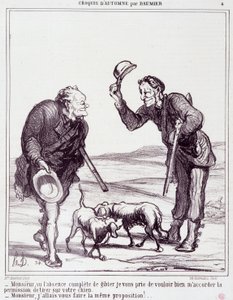 Desenho animado sobre os caçadores: Série "Sketch de Outono": "Senhor, dada a completa ausência de caça, por favor, conceda-me permissão para matar o seu cão..." Gravação por Honore DAUMIER (1808-1879). Extracto do jornal "Le Charivari" de 28 de Setembro de Honoré Daumier