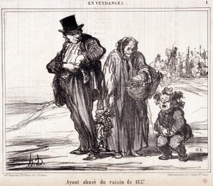 Desenho animado sobre viticultura. Série "Autumn Sketch": "Na Colheita". Tendo abuso das uvas de 1857" Gravação de Honore DAUMIER (1808-1879). Extrato do jornal "Le Charivari" de 16 de outubro de Honoré Daumier