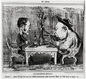 Garfos chineses: "Diabo! Mas é preciso ser um batonista muito hábil para se poder jantar na cidade neste país. ", na série En Chine, ilustração de Honore Daumier (1808-1879), publicada em "Charivari". de Honoré Daumier