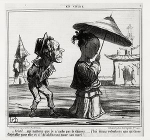 Christi! Eu não sei falar chinês... Dir-lhe-ei de bom grado que algo agradável para ela e desobrigatório para o marido!... Na serie En Chine, ilustração de Honore Daumier (1808-1879), publicada em "Charivari", datada de 12 de janeiro de Honoré Daumier