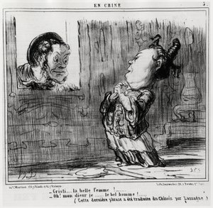 Christi, a bela mulher! ; "Oh! Deus, eu... O homem bonito!" (Esta última frase foi traduzida do chinês por Lassagne.), na série En Chine, ilustração de Honore Daumier (1808-1879), publicada em "Charivari". de Honoré Daumier