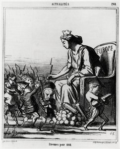 Europa: estrangeiro para 1868. A Europa distribui armas e canhões a cada representante dos países, reconhecíveis pelo seu chapéu. Illustration d