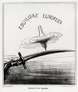 O equilíbrio europeu: reavivamento japonês. Logo após a restauração do regime imperial no Japão, após a renúncia do shoguna Tokugawa, em novembro de 1867. Illustration d