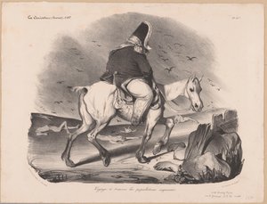 Caricatura de Louis Philip I, rei da França a cavalo entre os cadáveres Voyage à travers les peoples empressées (título no objeto) de Honoré Daumier