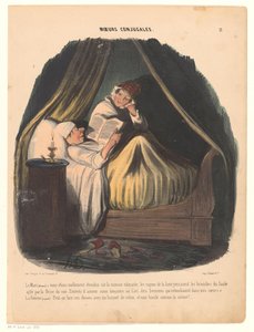 Homem lendo na cama com sua esposa ao lado dele Hábitos de casamento (título da série) Moeurs conjugales (título da série no objeto) de Honoré Daumier