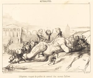 Liliputianos tentando aproveitar o sono... de Honoré Daumier