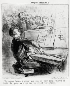 Esboços musicais: um cavalheiro que quer provar que pode ao mesmo tempo cantar e tocar o piano, o que é muito vergonhoso. Ilustração de Honore Daumier (1808-1879), publicada em "Charivari", data de 17 de Fevereiro de 1852. de Honoré Daumier