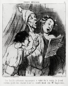 Esboços musicais: uma família melomaníaca começa a repetir pela manhã a grande canção que tinham de cantar à noite no concerto dado ao Sr. Coquardeau. Illustration d